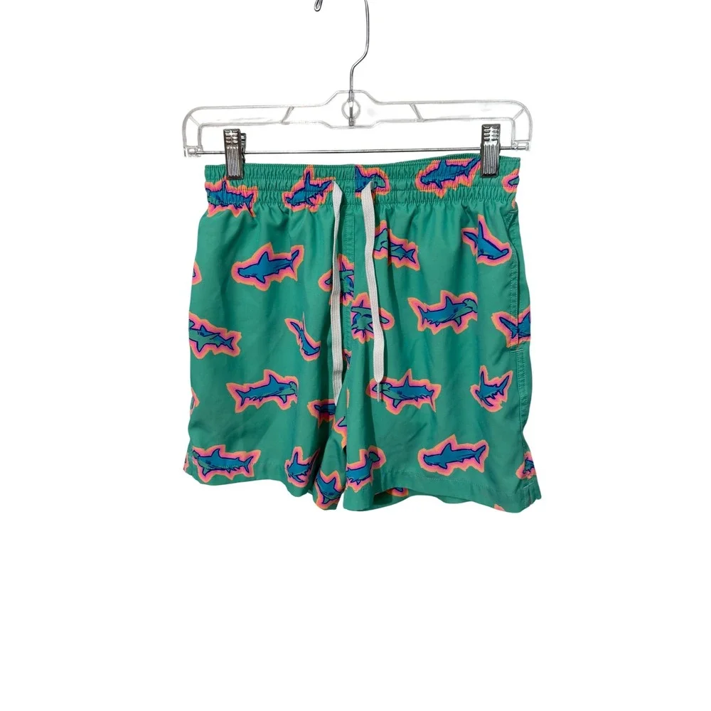 Chubbies Swim Trunks Mens Small Teal Neon Shark Print 5.5 Inseam Board Shorts